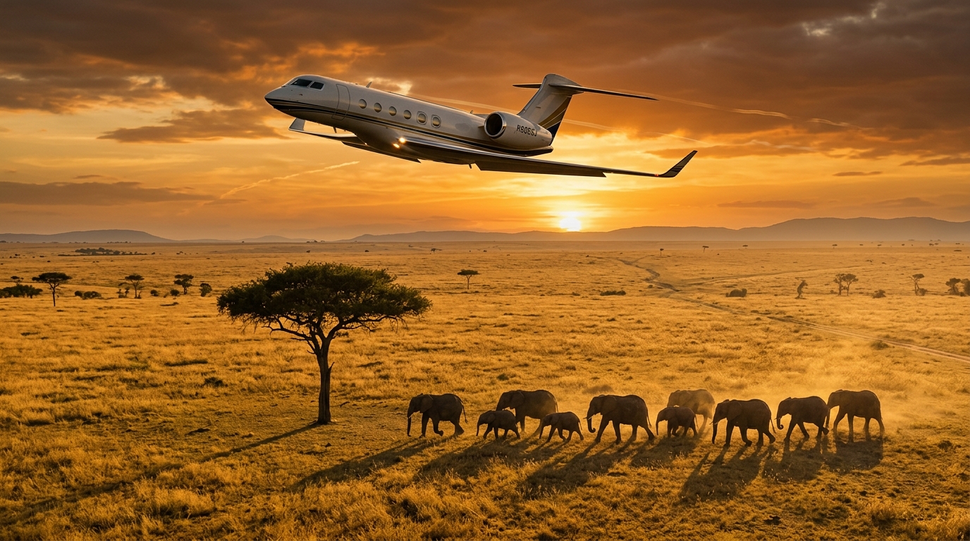Private jet over the African Serengeti at sunset