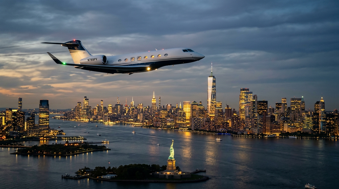 Private jet over Manhattan skyline at dusk