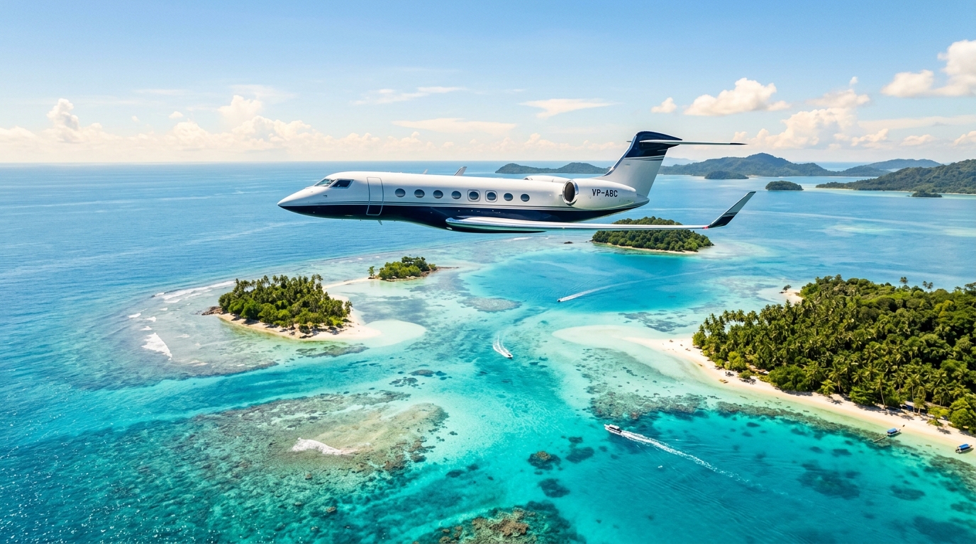 Private jet over tropical Asian archipelago