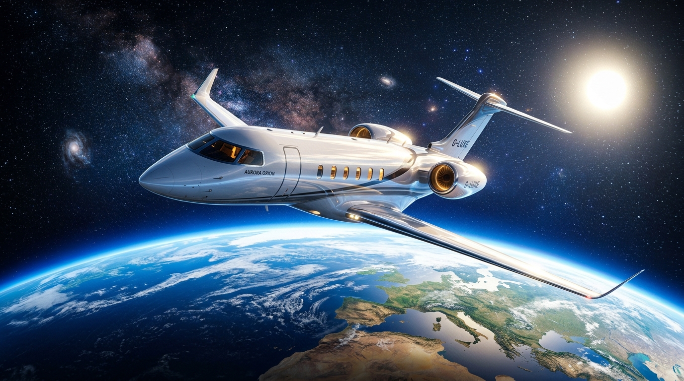 Private jet above Earth's atmosphere, in orbit